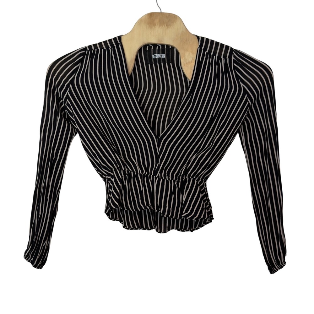 Reformation Women's Striped V-Neck Long Sleeve Peplum Top Size M Plunge Neck